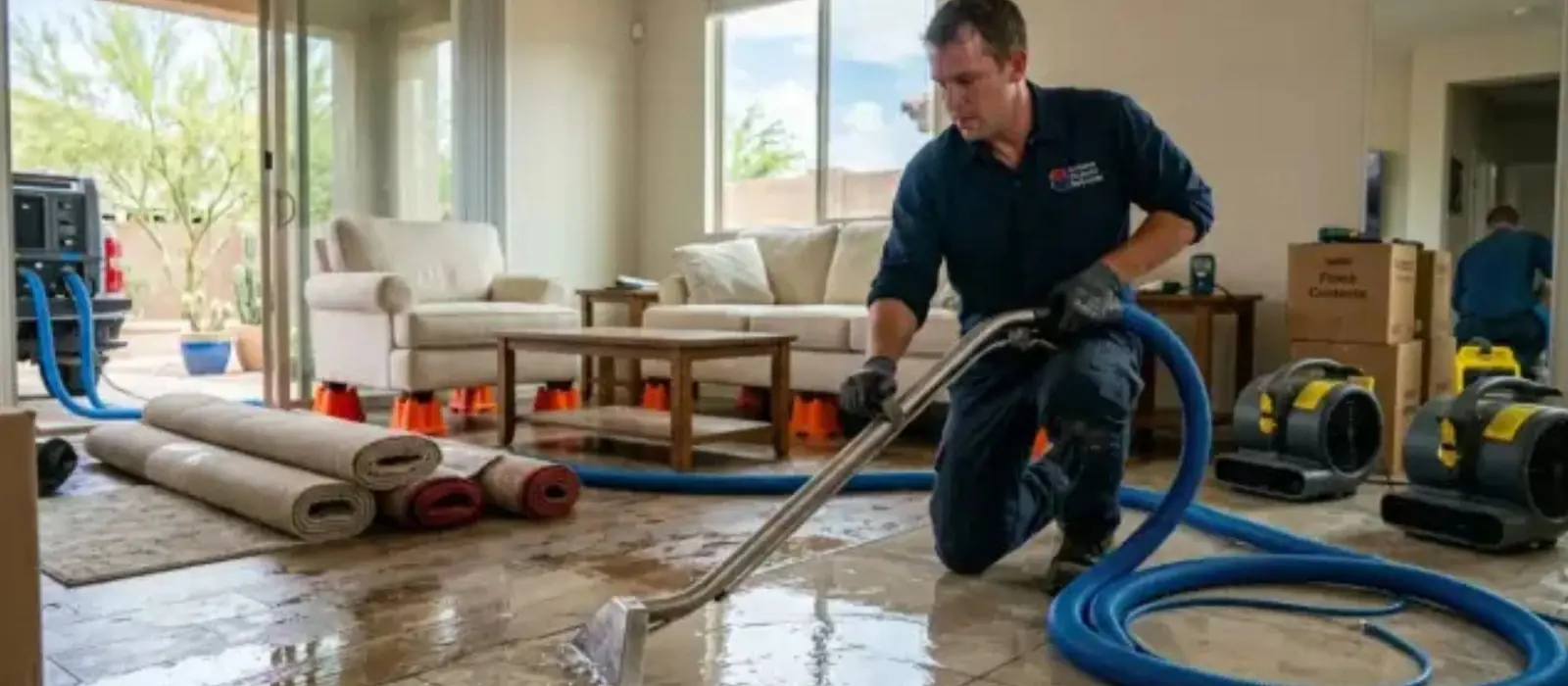 Technician using an extraction wand and hose on a wet living room floor beside rolled-up carpet and air movers